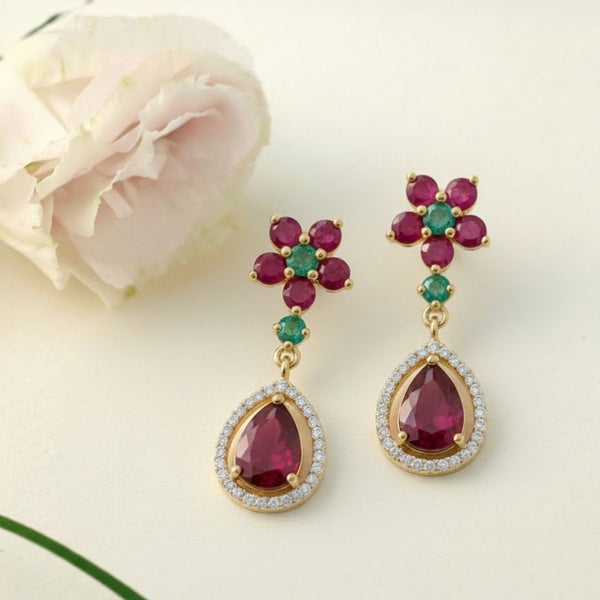 Natural Ruby & Emerald In Diamond Three Petal Earrings