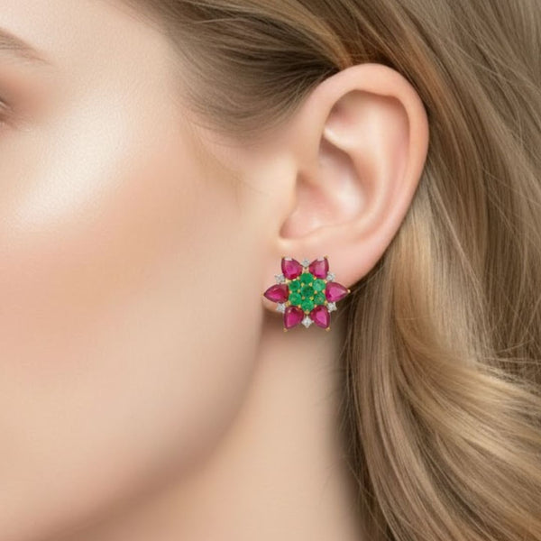 Emerald - Truncated Ruby Studs in diamond Earring