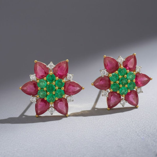 Emerald - Truncated Ruby Studs in diamond Earring