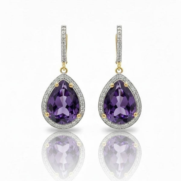 Amethyst Drop with diamond Earrings 14k Gold