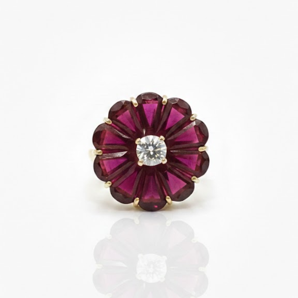 Antique Style Ruby Petal Cocktail Ring with Brilliant Diamond Center