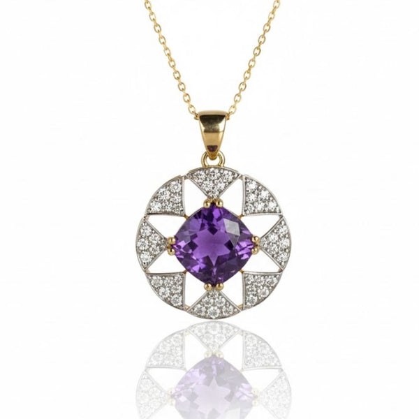 Vintage Style Amethyst Halo Pendant with Diamond Round Detailing