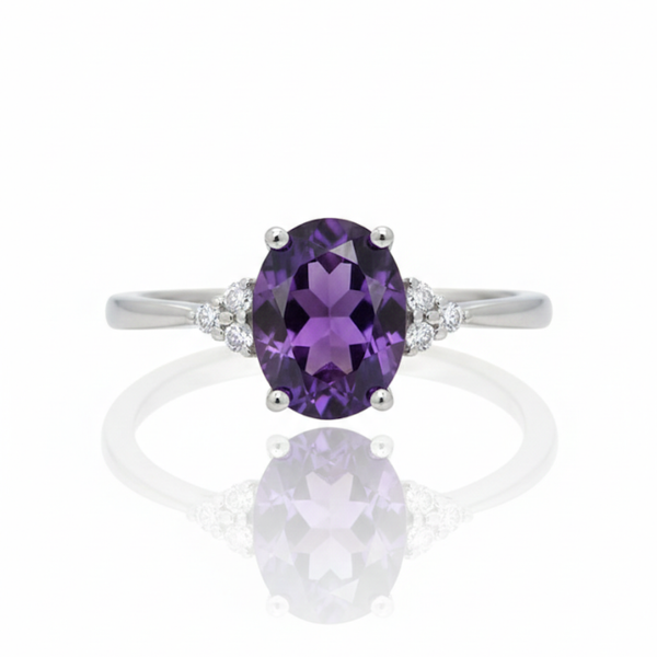 Oval-Cut Amethyst Solitaire with Diamond Trio Accents