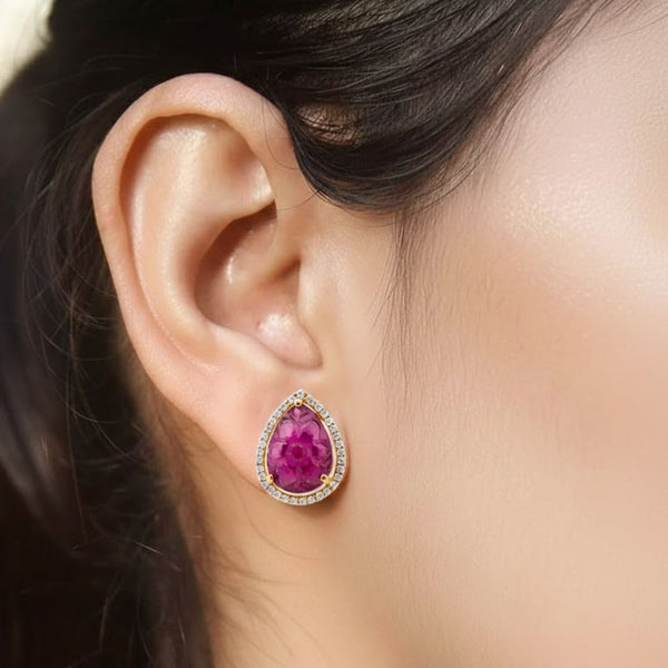 Vintage-Inspired Fleur Carved Ruby Studs in 14K Yellow Gold
