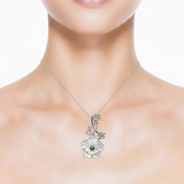 Hand-Carved White Shell Floral Vine Pendant with Pearl Accent