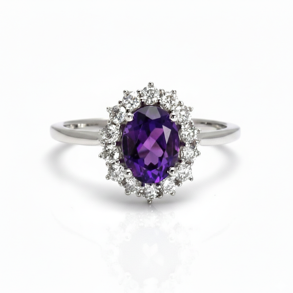 Classic Oval Amethyst Halo Ring with Diamond Accents