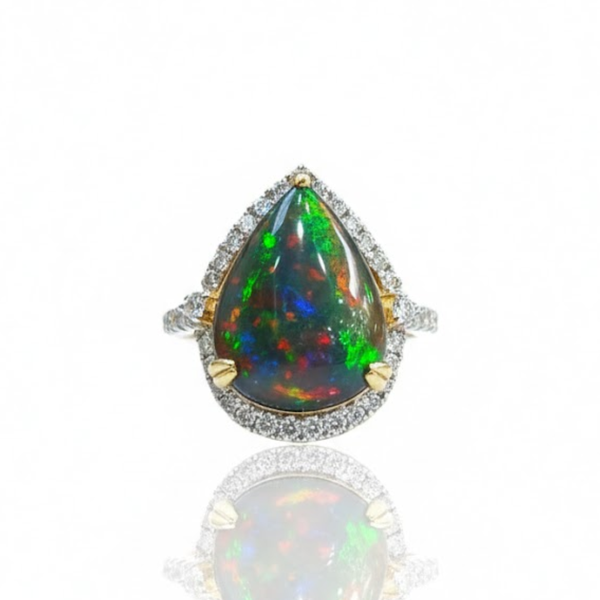Cabochon - Cut Green Fire Opal With Diamond Ring