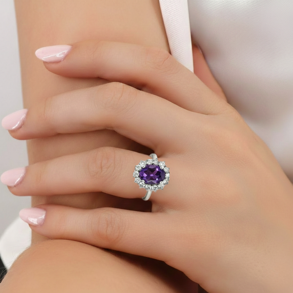 Classic Oval Amethyst Halo Ring with Diamond Accents