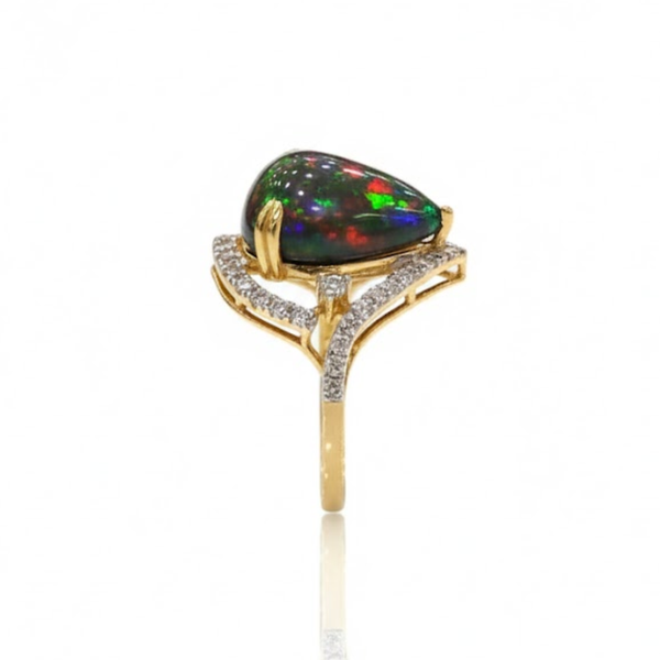 Cabochon - Cut Green Fire Opal With Diamond Ring
