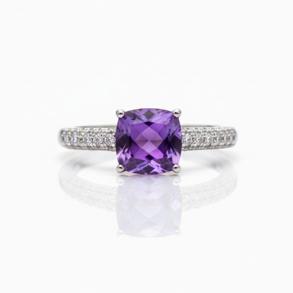 Cushion-Cut Amethyst Solitaire with Diamond Pavé Band
