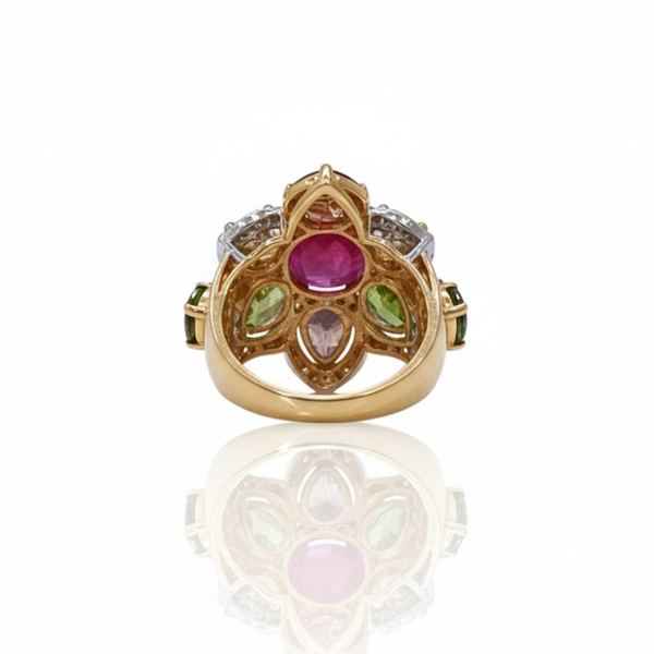Natural Ruby and Multi-Color Tourmaline Floral Cluster Ring with Diamond Accents