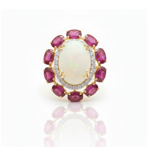 Prism of Light Opal Cabochon with Oval Ruby Surround In Diamond