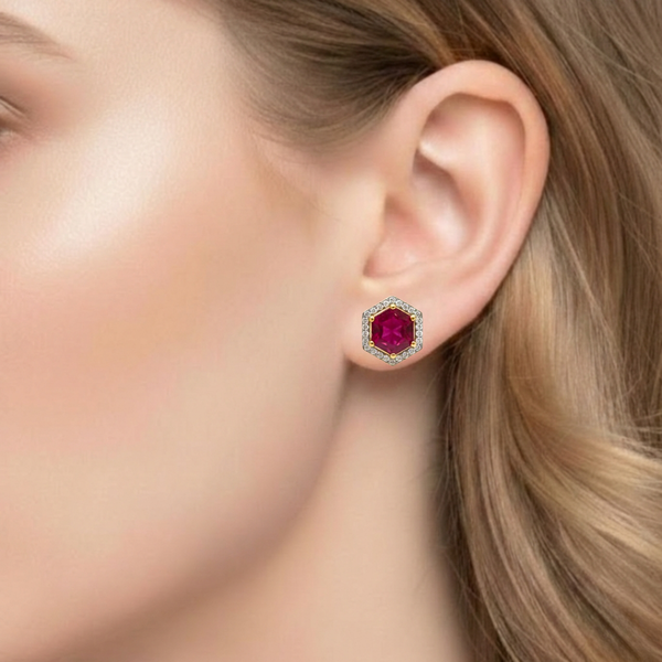 Hexagonal Ruby and Diamond Halo Stud Earrings