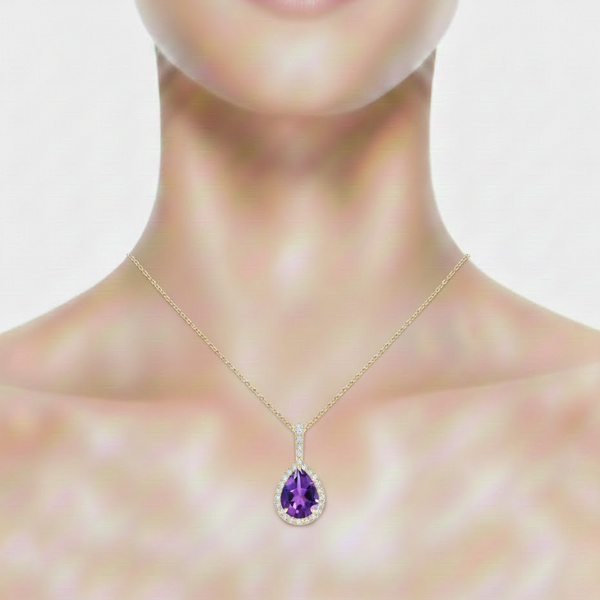 Amethyst Teardrop Pendant featuring a Brilliant Diamond Border