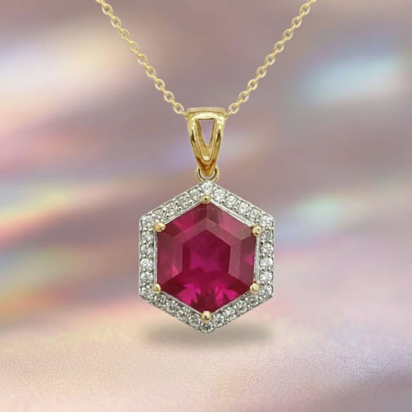 Hexagon - Shaped Ruby Halo Pendant
