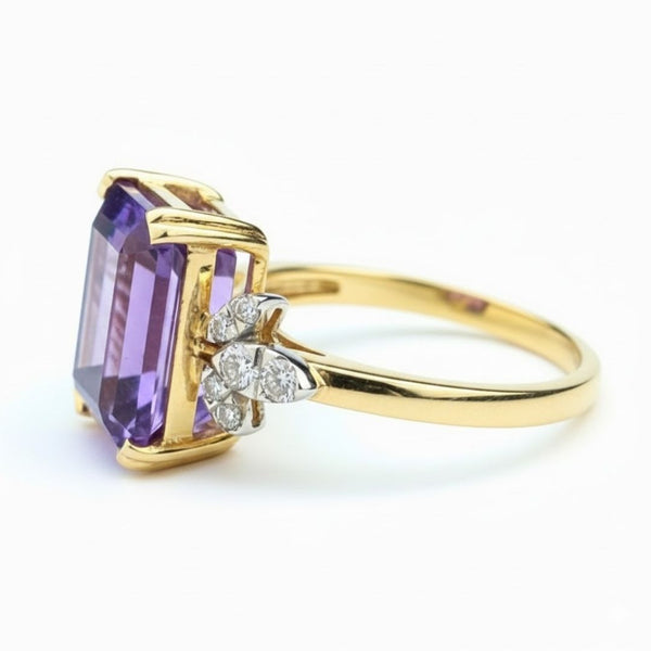 Radiant Cut Amethyst Solitaire Ring with Pear cut Diamonds