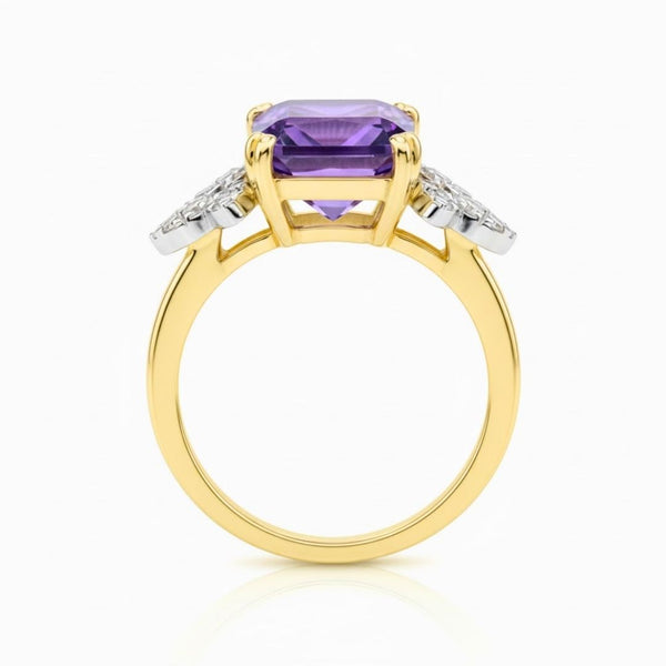Radiant Cut Amethyst Solitaire Ring with Pear cut Diamonds