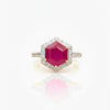 Haxagon Cut Ruby Stone in Diamond Ring