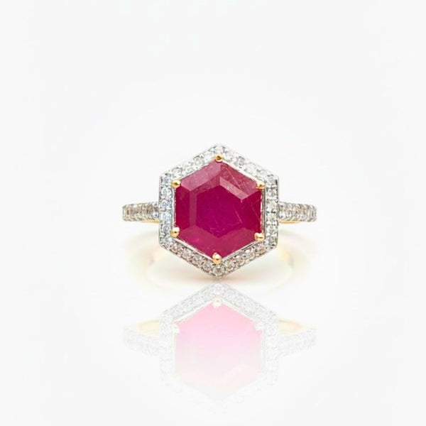 Haxagon Cut Ruby Stone in Diamond Ring