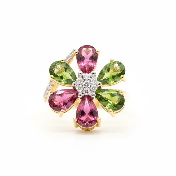 Vintage Inspired Tourmaline Flower Six Stone In Diamond Ring