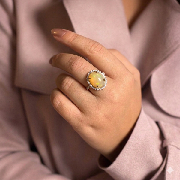 Fire Opal and Diamond Cluster Ring in 14K Yellow Gold
