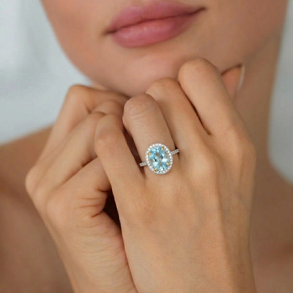 Brilliant Blue Topaz and Diamond Pavilion Ring