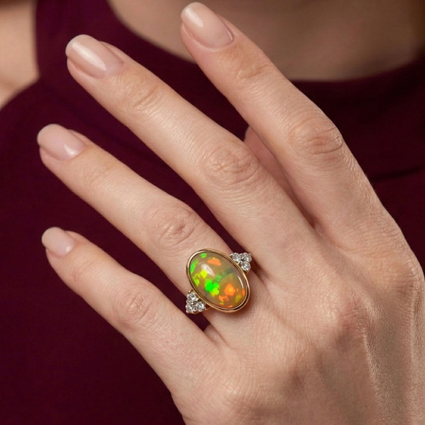Natural Oval Opal Bezel-Set Ring with Diamond Cluster Ring