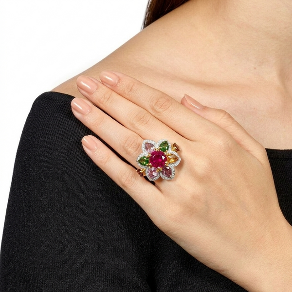 Natural Ruby and Multi-Color Tourmaline Floral Cluster Ring with Diamond Accents