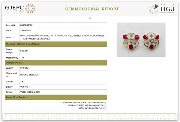 Natural Ruby & Emerald In Diamond Three Petal Earrings