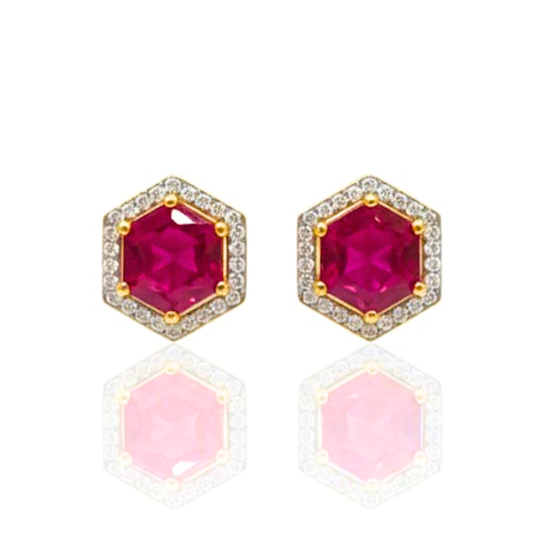 Hexagonal Ruby and Diamond Halo Stud Earrings