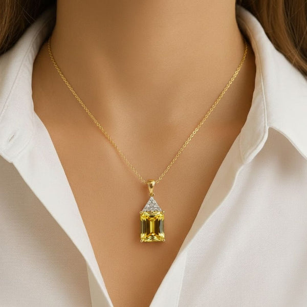 Emerald - Cut Lemon Topaz with diamond top cover Pendant