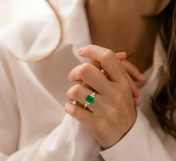 Emerald-Cut Emerald Solitaire with Marquise and Round Lab Grown Diamond Accents