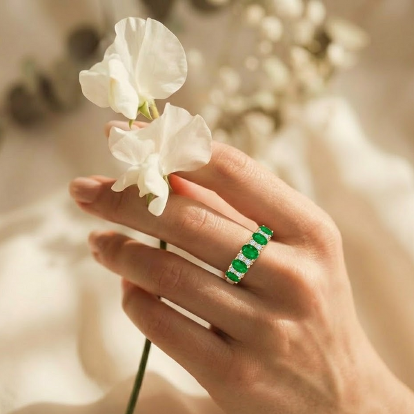 Classic Five-Stone Oval Emerald Band with Brilliant Lab Grown Diamond Accents