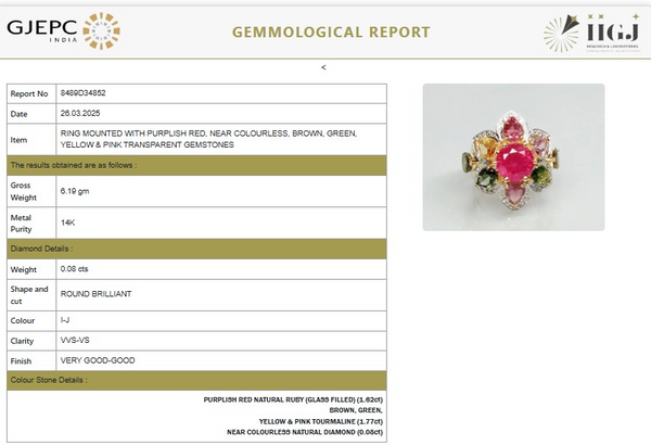 Natural Ruby and Multi-Color Tourmaline Floral Cluster Ring with Diamond Accents