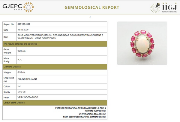Prism of Light Opal Cabochon with Oval Ruby Surround In Diamond