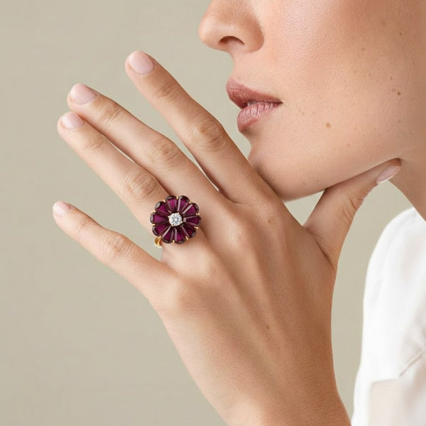Antique Style Ruby Petal Cocktail Ring with Brilliant Diamond Center